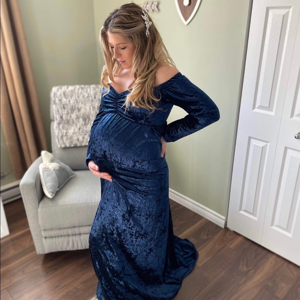 Velvet royal blue long sleeve maternity dress